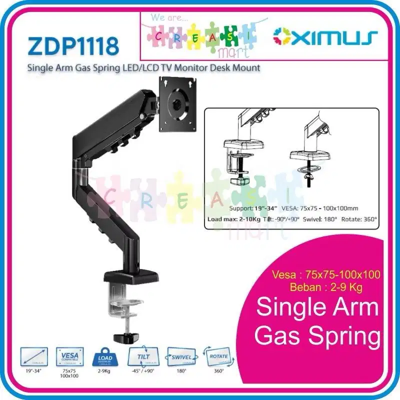 Oximus ZDP1118 Bracket Meja Single Arm Gas Spring Desk Mount Monitor