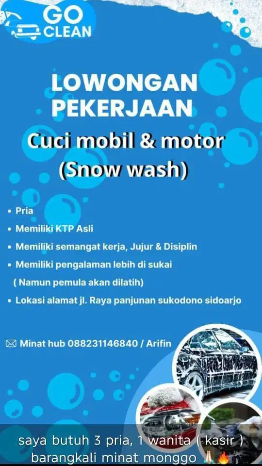 Lowongan kerja cuci salju mobil dan motor