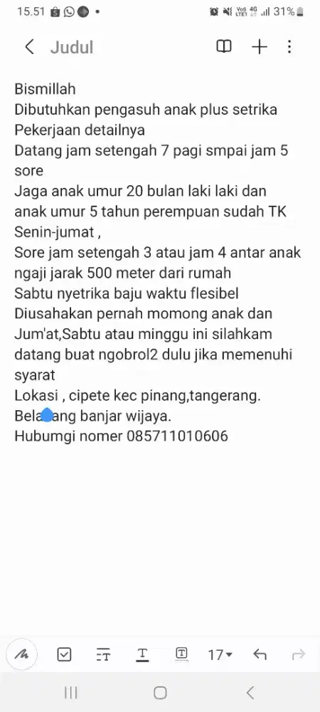 Cari momong  2 anak dan bisa setrika di sabtu,minggu libur