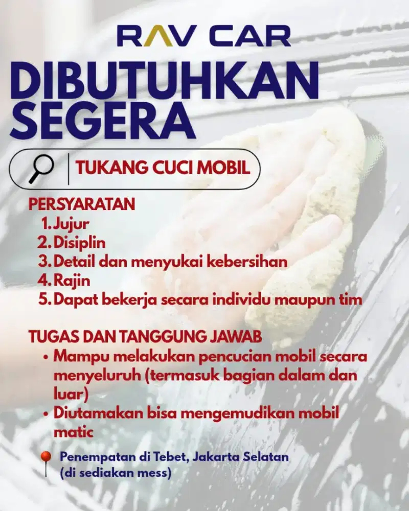 Dibutuhkan bagian Cuci Mobil