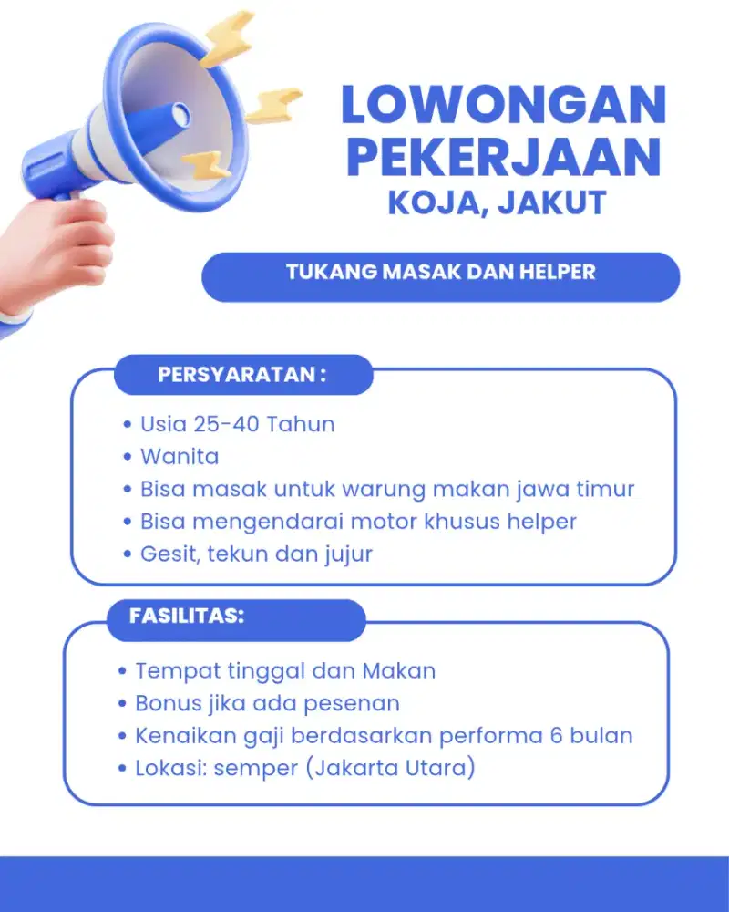 Dibutuhkan Tukang Masak dan Helper