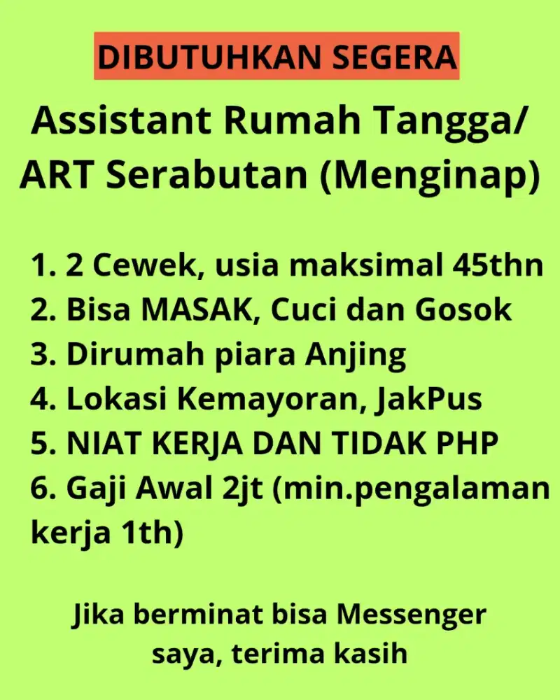 BUTUH SEGERA 2 ART SERABUTAN