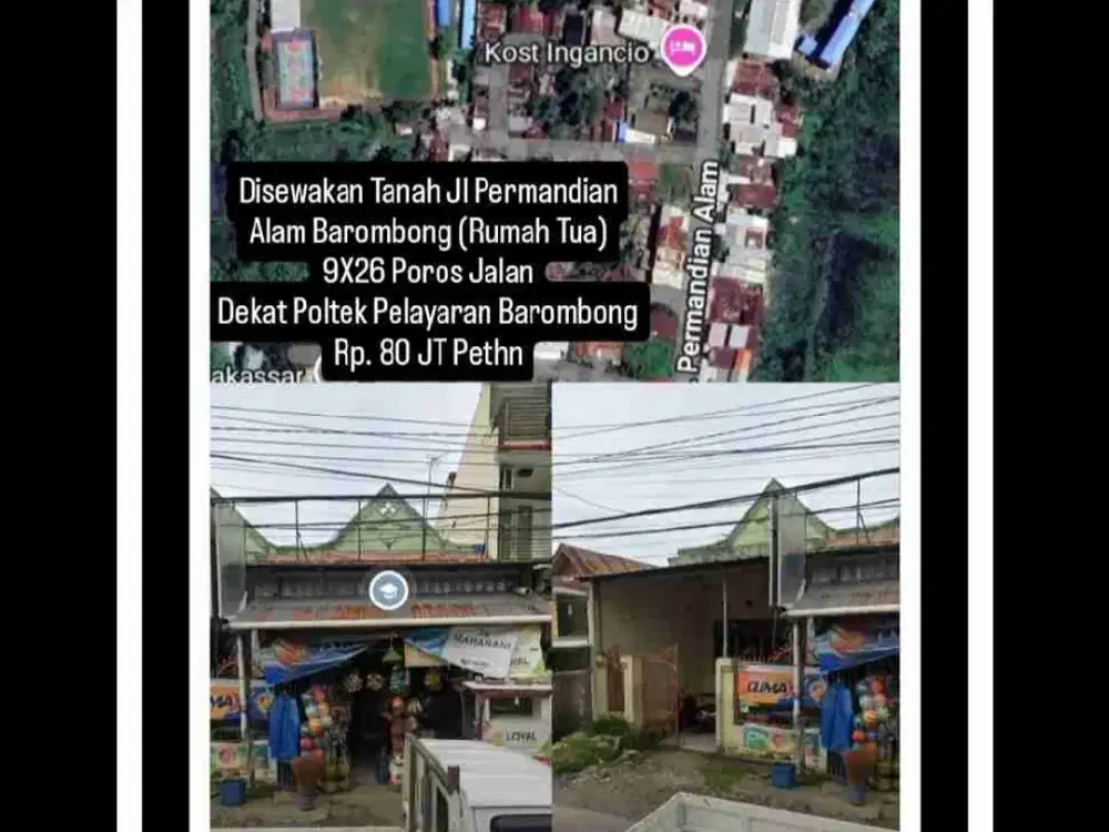 Disewakan Tanah Jl Permandian Alam Barombong (Rumah Tua)
9X26 Poros Jalan
Dekat Poltek Pelayaran Barombong