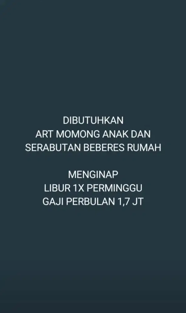 DIBUTUHKAN ART MOMONG BAYI SERABUTAN BEBERES RUMAH