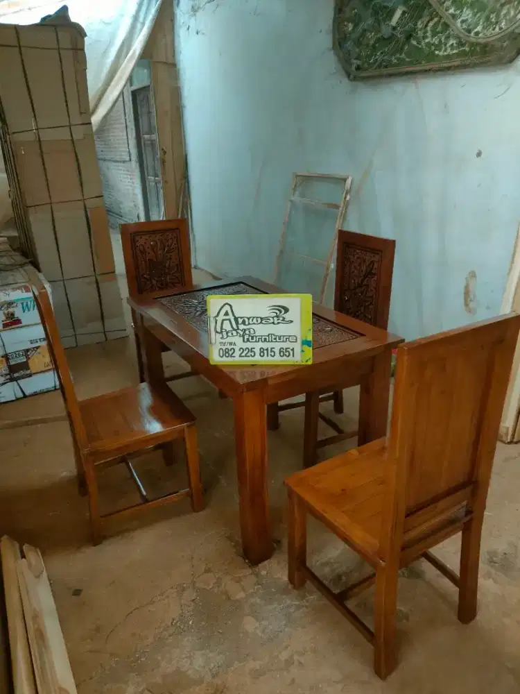 Meja makan minimalis full kayu jati set kaca