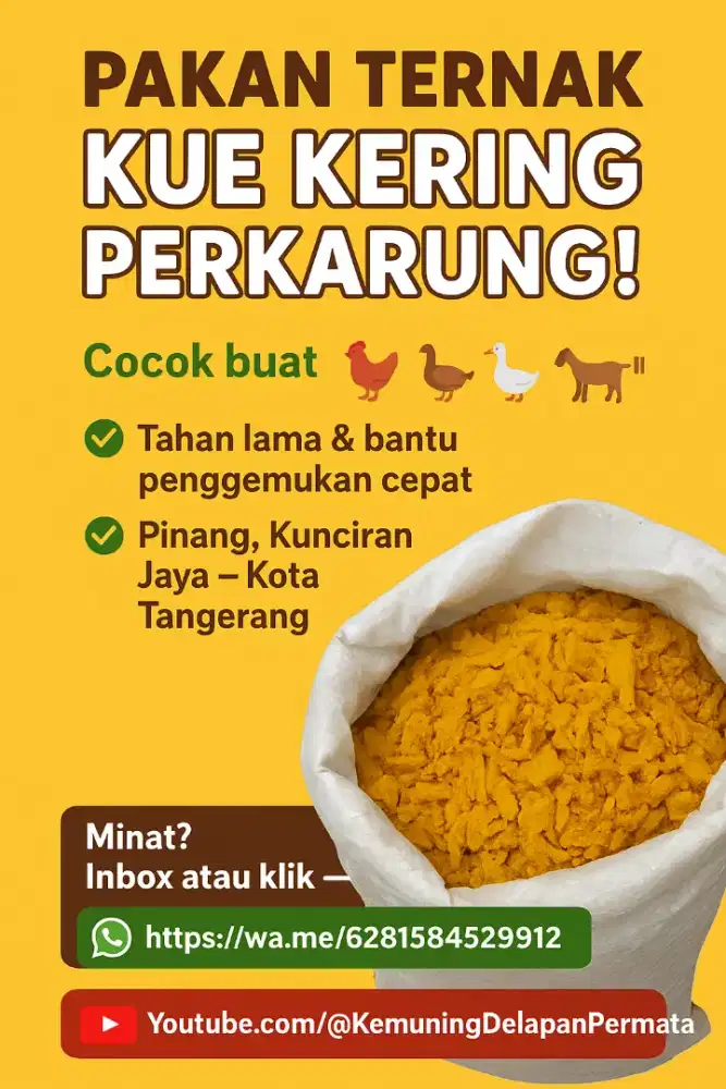 Pakan ternak kue kering perkarung!
Cocok buat ayam, bebek, entok, kamb