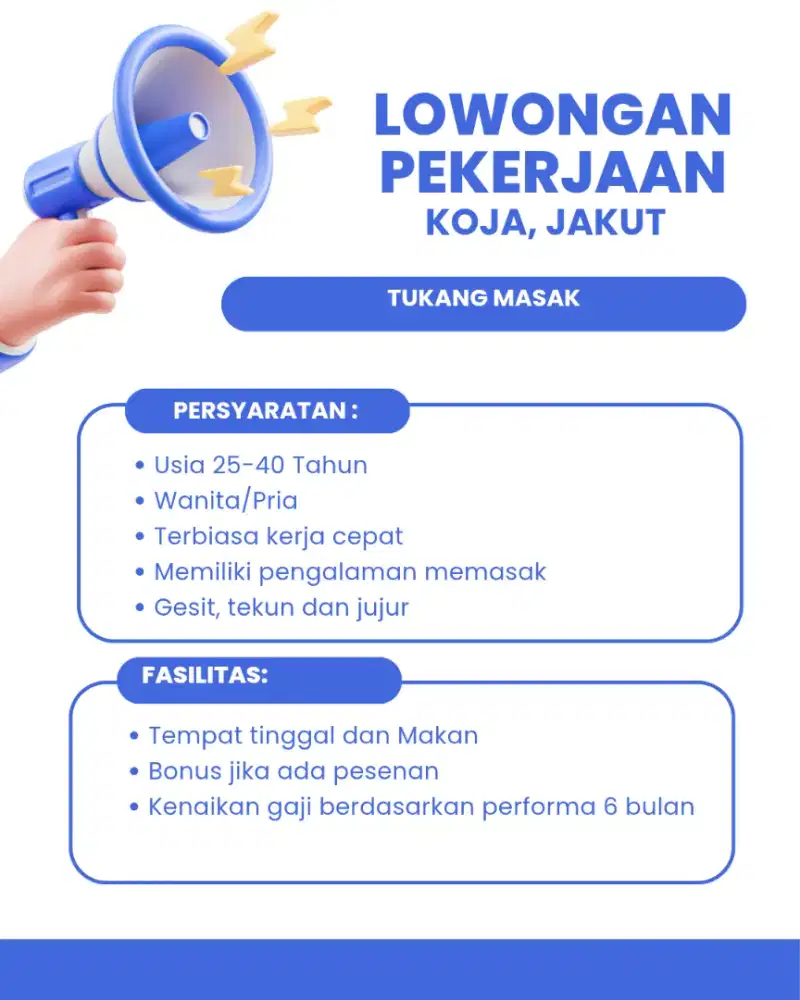 Dibutuhkan Tukang Masak dan Helper