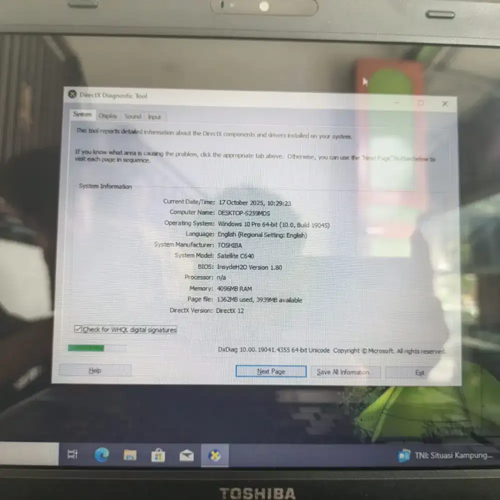 JUAL LAPTOP TOSHIBA C640 CORE i3- M370 RAM 4 GB/HDD 500GB