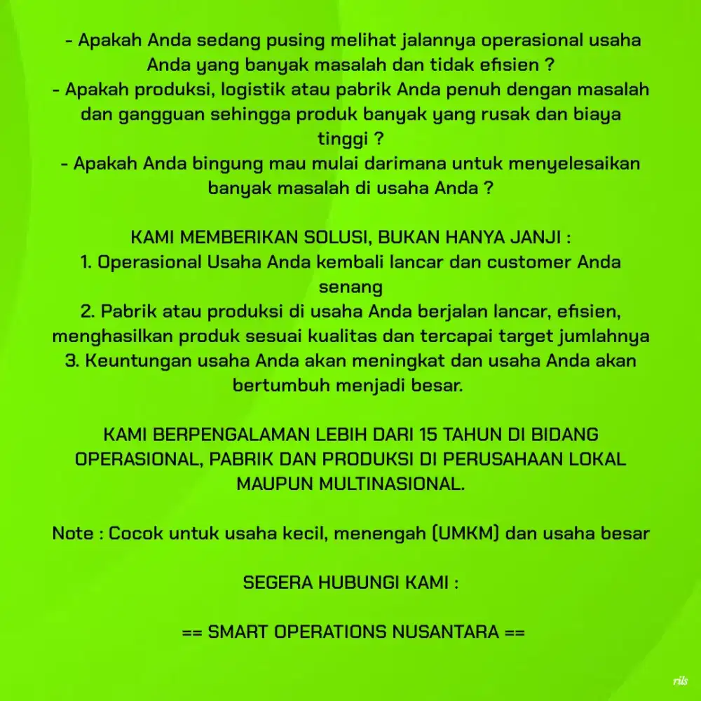 JASA BERESKAN MASALAH OPERASIONAL/PRODUKSI/PABRIK