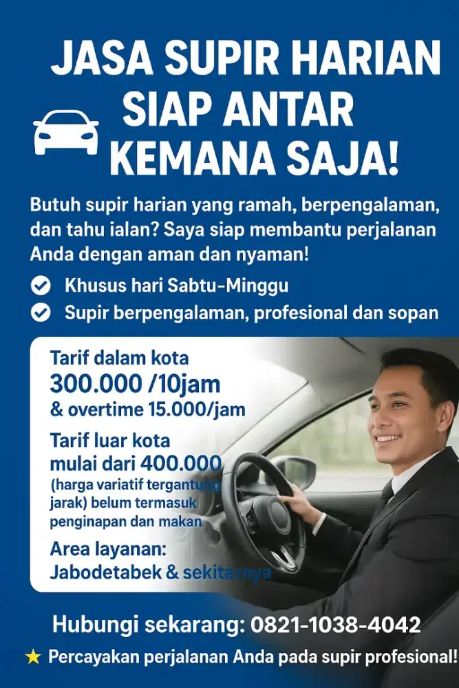 Jasa Supir Harian Sabtu Atau Minggu. Siap Antar Kemana Saja