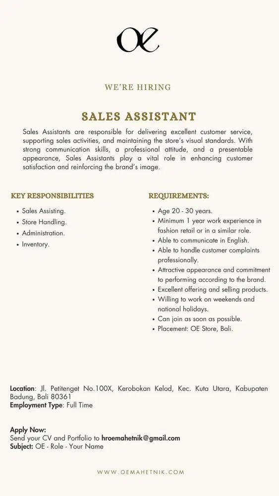 Sales Assistant (Bali)