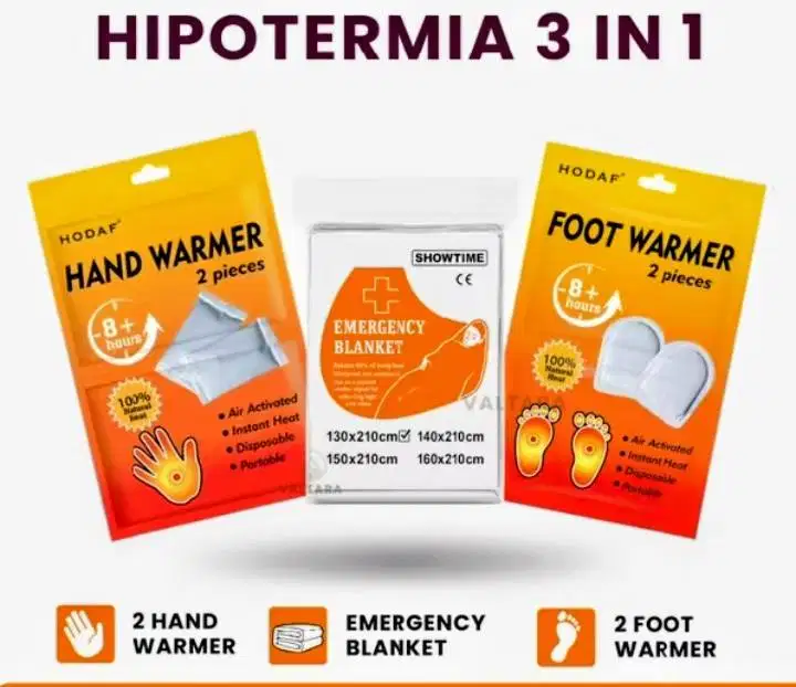 PAKET 3 IN 1 ANTI HIPOTERMIA EMERGENCY BLANKET HAND WARMER FOOT WARMER
