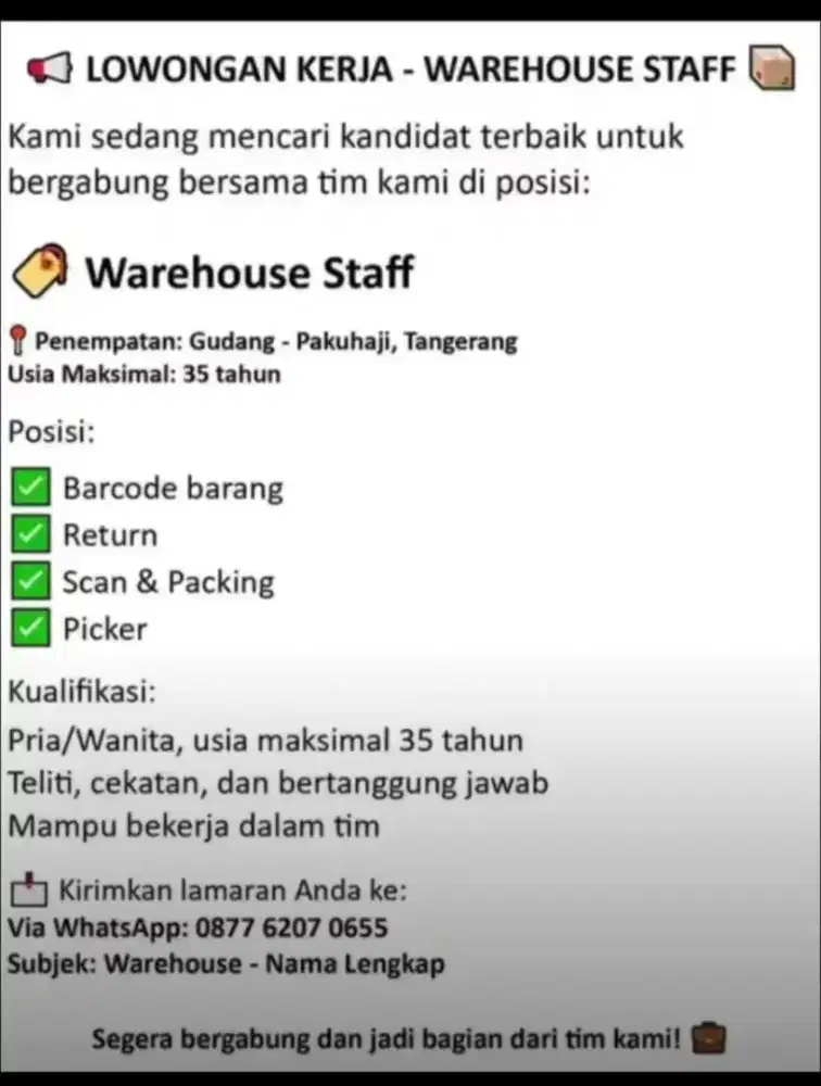 URGENT STAFF WAREHOUSE