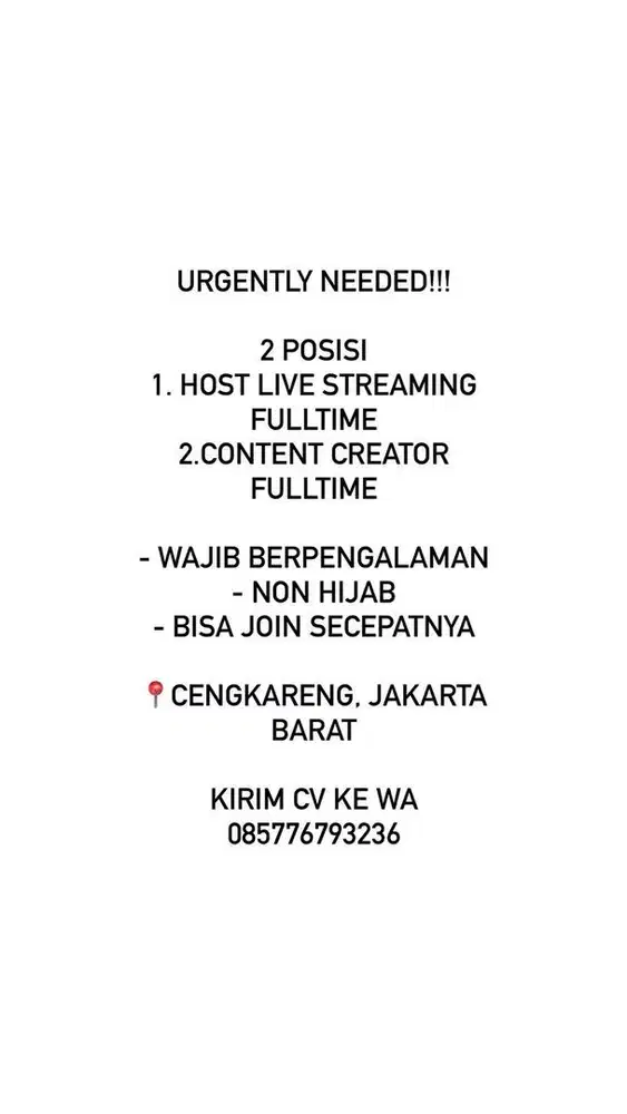 Lowongan kerja HOST LIVE STREAMING dan CONTEN CREATOR