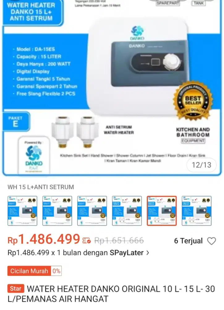 Jual rugi water heater Danko 15L + anti setrum
