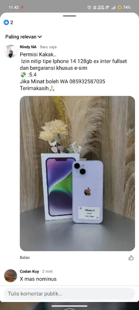 IP 14 128GB EX INTER KHUSU E-SIM FULLSET DAN BERGARANSI TERIMA TT