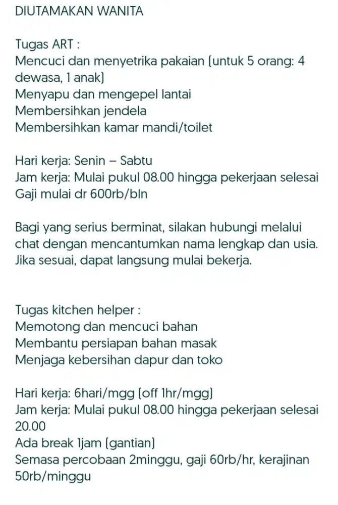 Lowker ART, kitchen helper dan tukang masak (dekat Sun Plaza)
