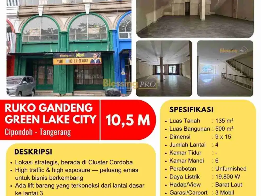 Dijual Ruko Cordoba, Unit Terbatas, Jarang Ada, dan Sangat Strategis di Green Lake City
