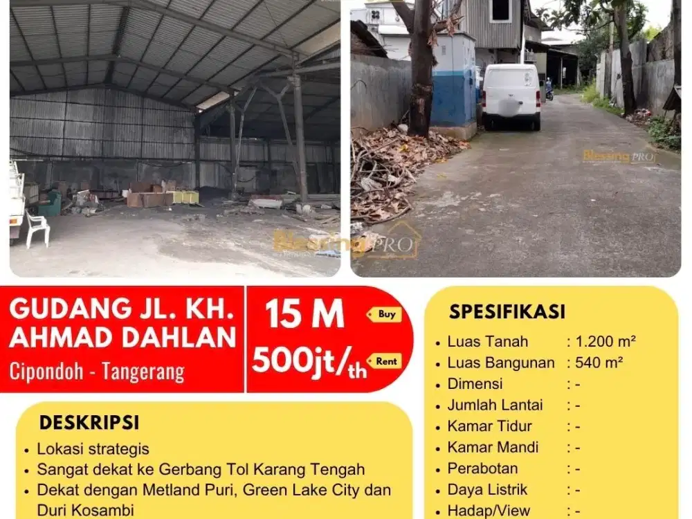 FOR SALE/RENT WAREHOUSE Jl KH Ahmad Dahlan