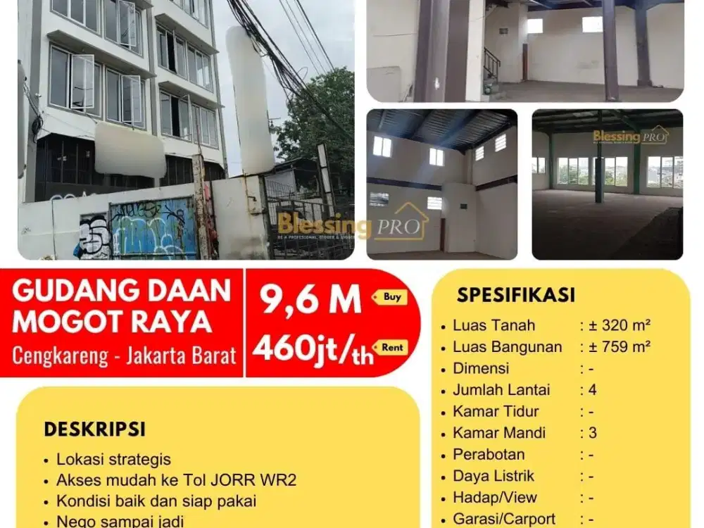 Dijual Gudang Siap Pakai dan Lokasi Sangat Strategis di Daan Mogot Raya