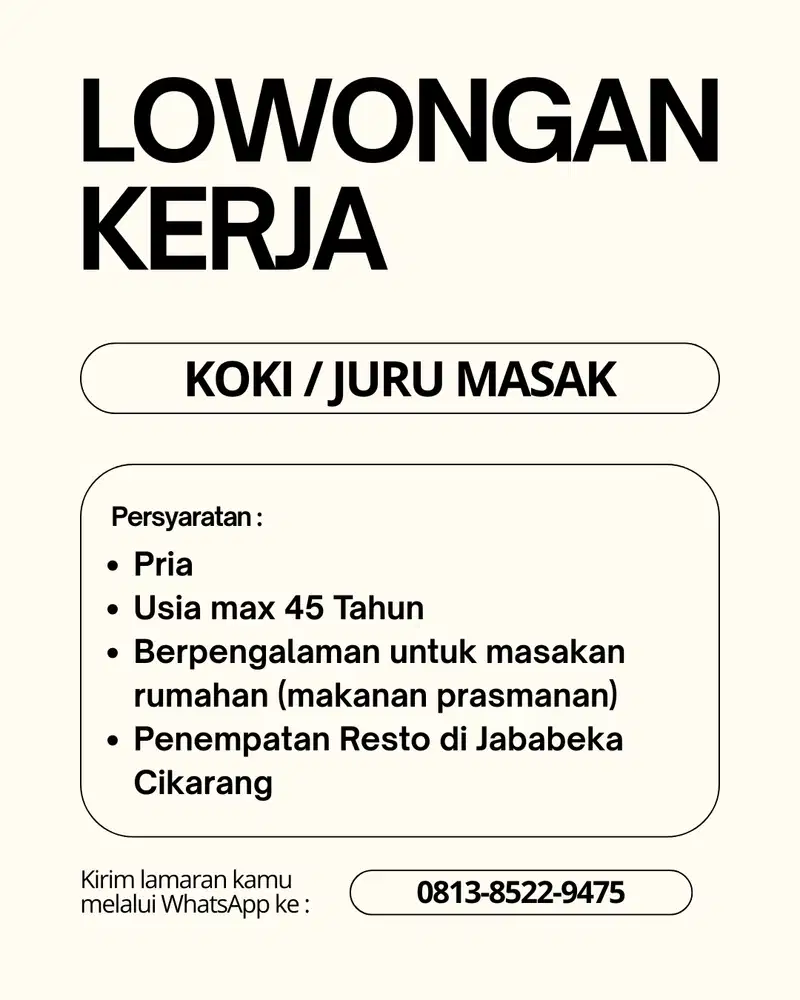 Lowongan KOKI / JURU MASAK