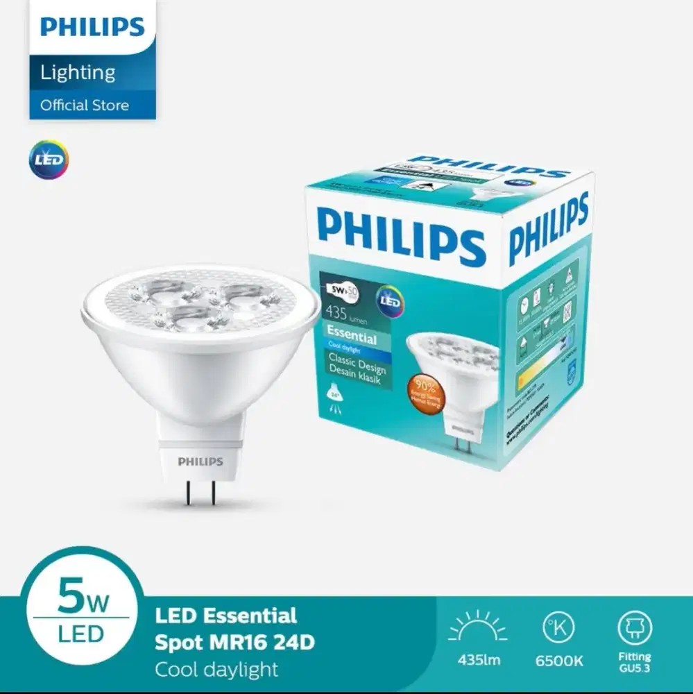 Philips Lampu Spotlight Essential MR16 GU 5.3 LED 5W 24D Putih (8 pcs)