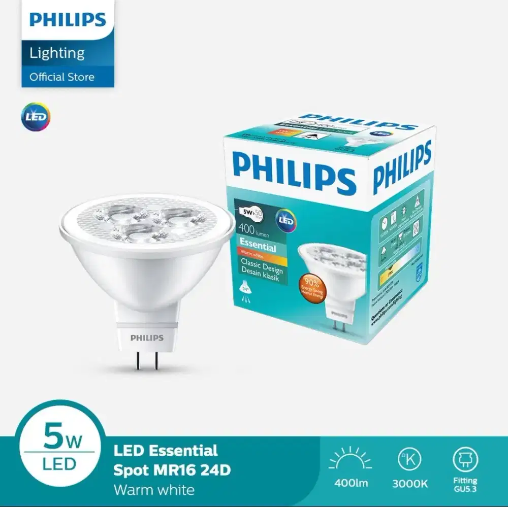 Philips Lampu Spotligh Essential
MR16 GU 5.3 LED 5W 24D Kuning (10pcs)