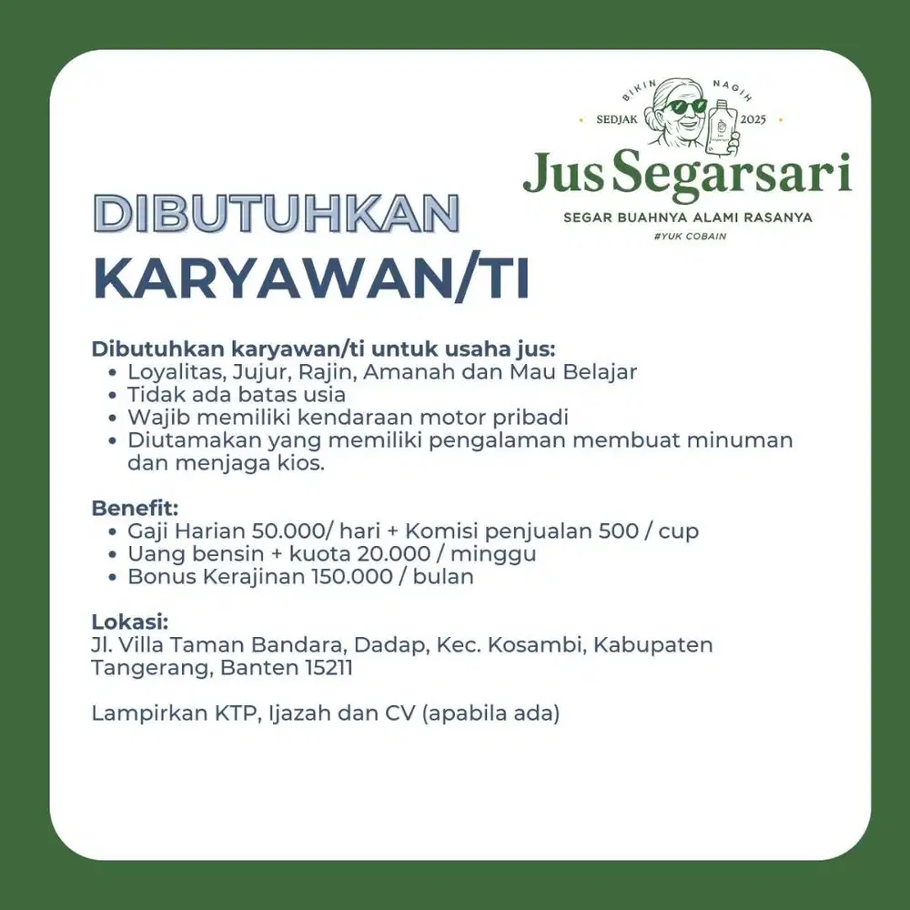LOWONGAN KIOS JUS (GAJI + KOMISI)