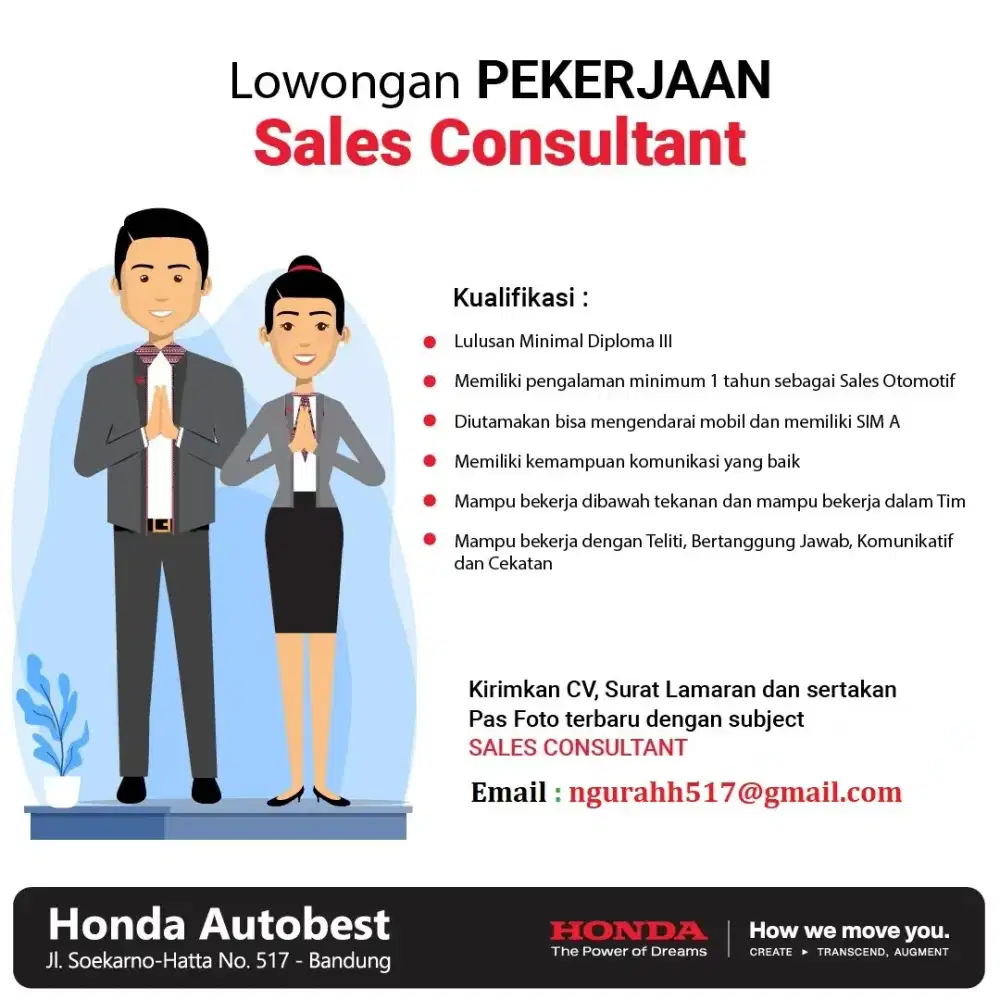 Walk in Interview Sales Consultant Dealer  Mobil Honda Bandung