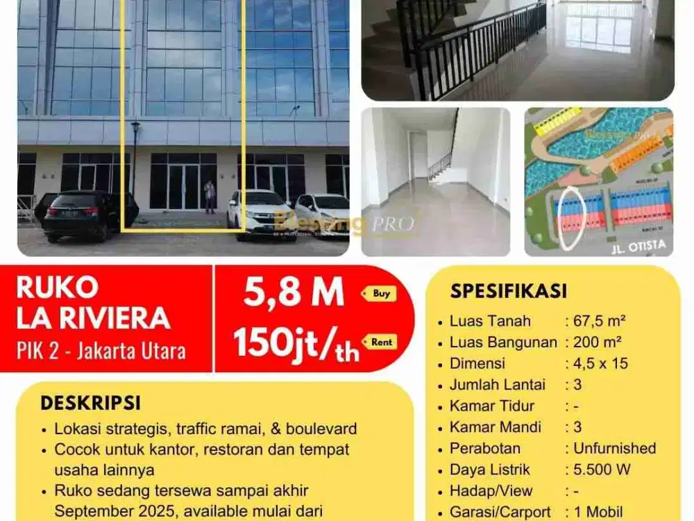 DIJUAL/SEWA Ruko La Riviera PIK 2