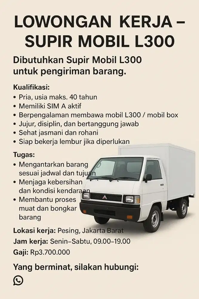 Lowongan kerja supir mobil box L300 lokasi pesing jakarta barat