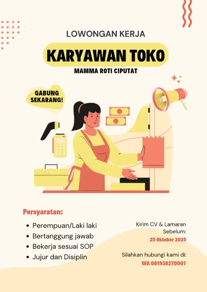 (Dicari Cepat) Karyawan Outlet Mamma Roti Ciputat
