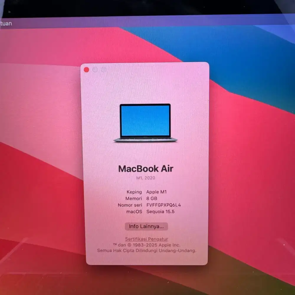 Macbook Air M1 Ram 8 Ssd 256 Layar 13 inch Full set Space Grey desain