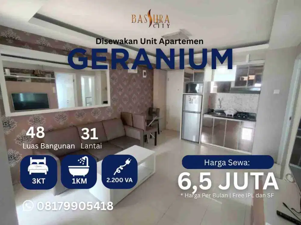 Sewa 3BR Furnished apartemen Bassura City tower Geranium call Maula