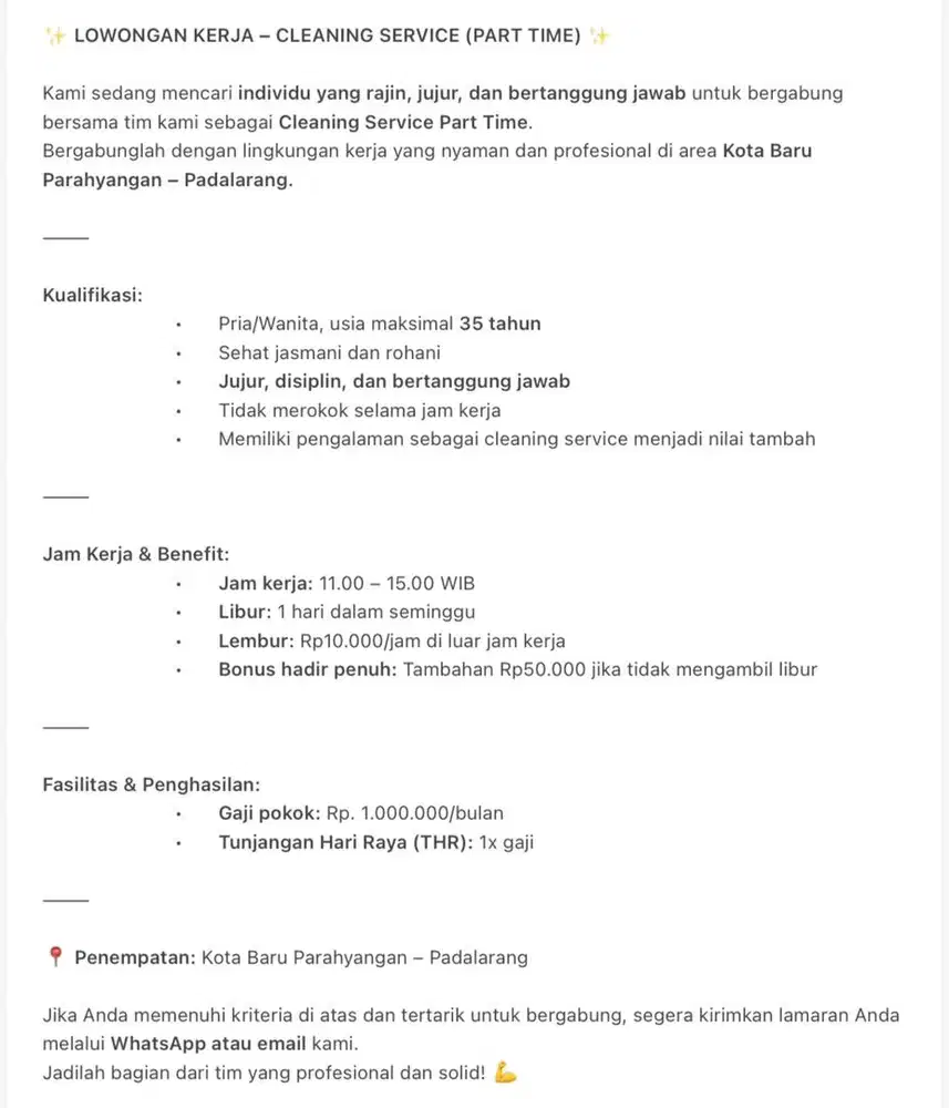 LOWONGAN KERJA – CLEANING SERVICE (PART TIME)