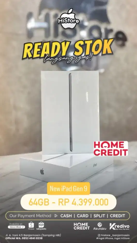 PROMO NEW IPAD GEN 9 VIA HOME CREDIT
Kini trsdia di HiStore Bnjrmasin!