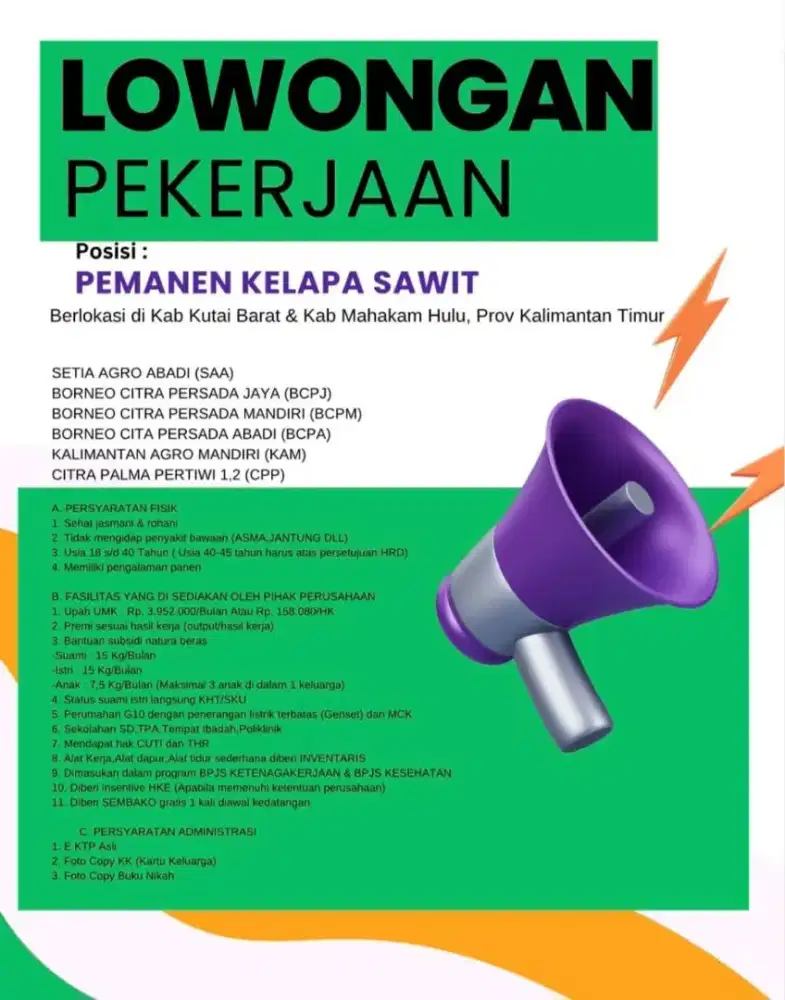 Cari karyawan untuk posisi panen lanjang dan pasutri