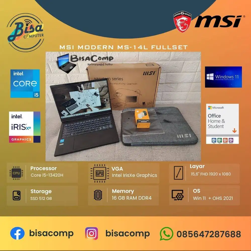 MSi Modern 14L Core i5 SSD 512gb Ram 16gb 14inchFHD Fullset Backlit