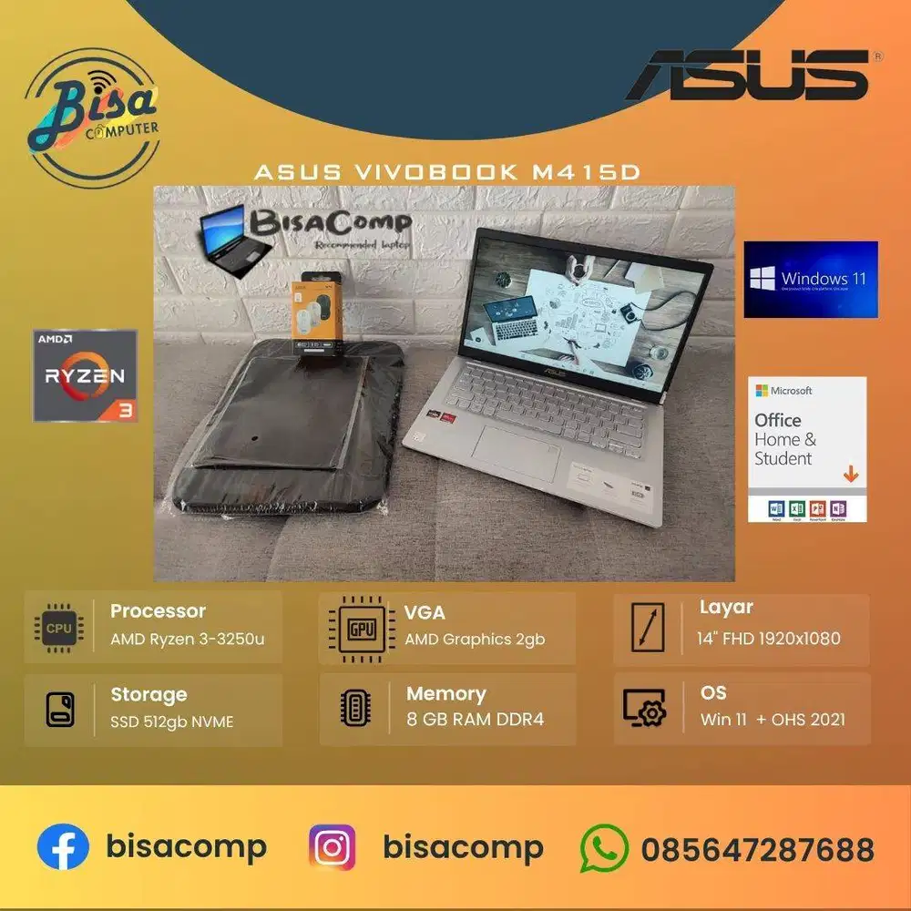 Asus Vivobook M415D AMD Ryzen 3-3250 SSD 512gb Ram 8gb 14inchFHD