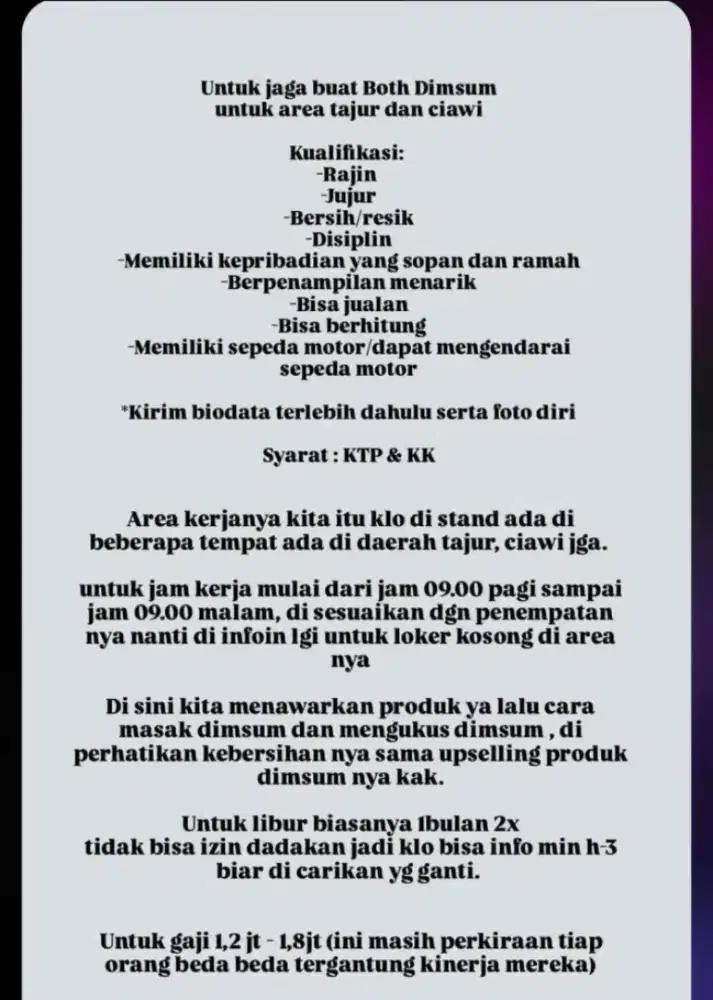 DICARI KARYAWAN JAGA BOOTH DIMSUM 88 BOGOR