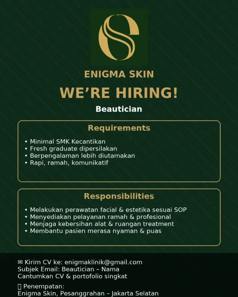 Di butuhkan beautician untuk klini akupuntur dan estetik di ciledug