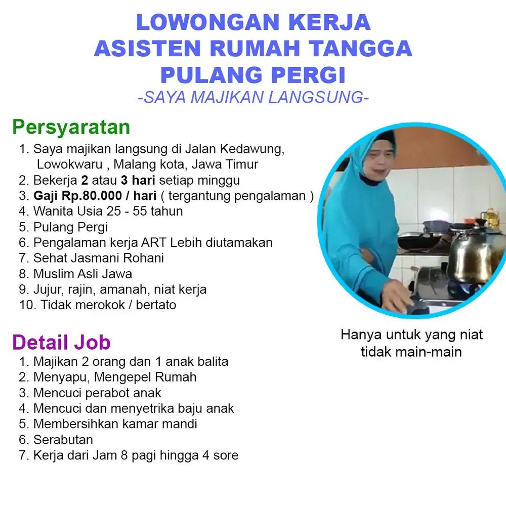 ART ( Asisten Rumah Tangga ) Harian Pulang Pergi untuk di daerah Jalan