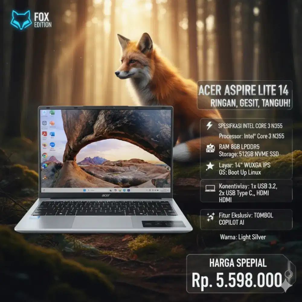 LAPTOP BARU ACER Al14-31P-30J8 Intel i3 N355, Ram 8GB DdR5, sSD 512GB,