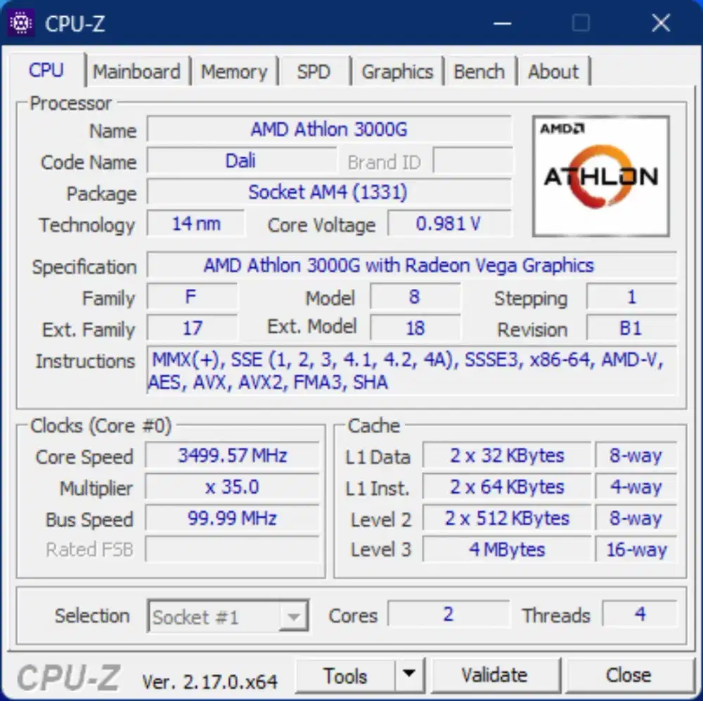 CPU Processor Athlon 3000G Second