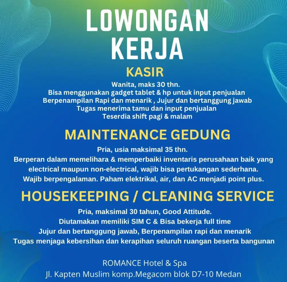 Dibutuhkan segera kasir, digital marketing, kru /housekeeping, gro spa