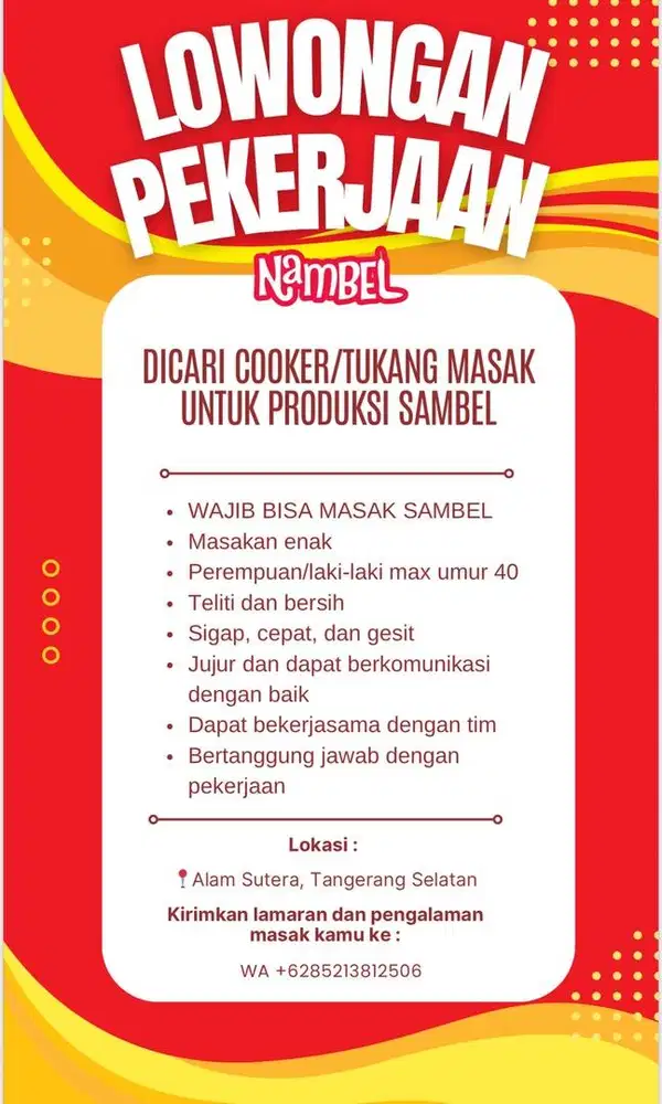 Lowongan kerja Parttime Harian Masak