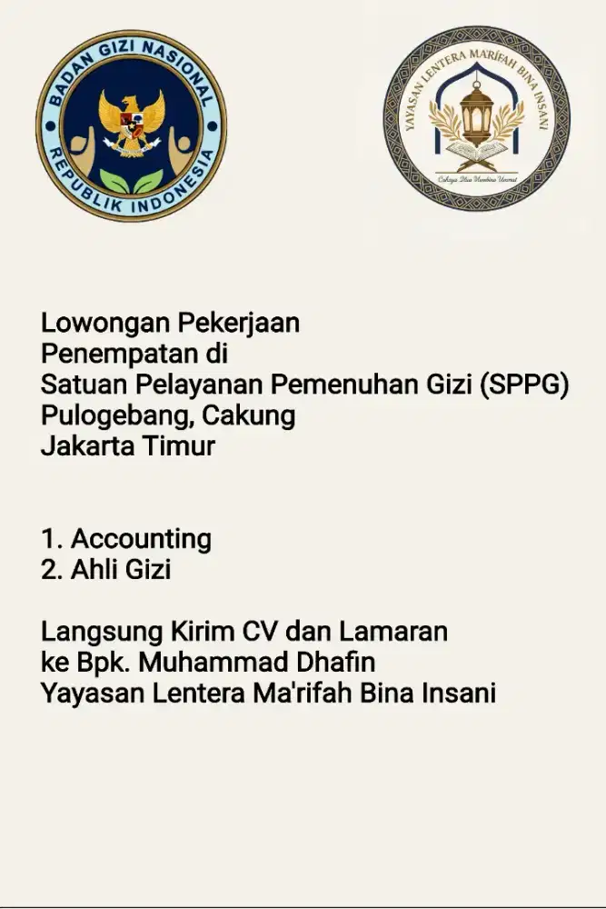 Dicari Ahli Gizi dan Akuntan