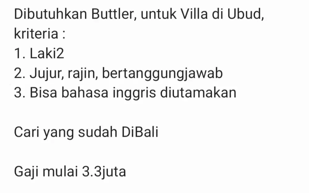 Dicari Buttler Villa Di Ubud
