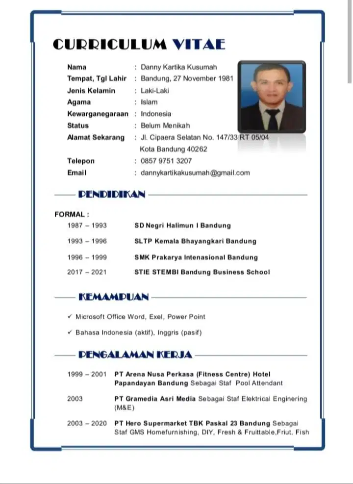 Pengalaman kerja di perhotelan, enginering, ritel modern, driver