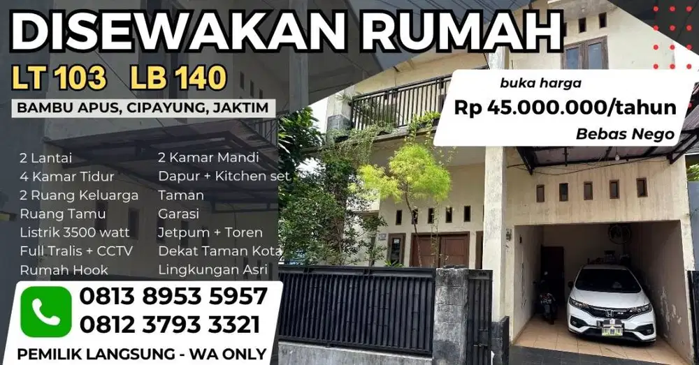 Disewakan rumah 2 Lantai Bambu Apus